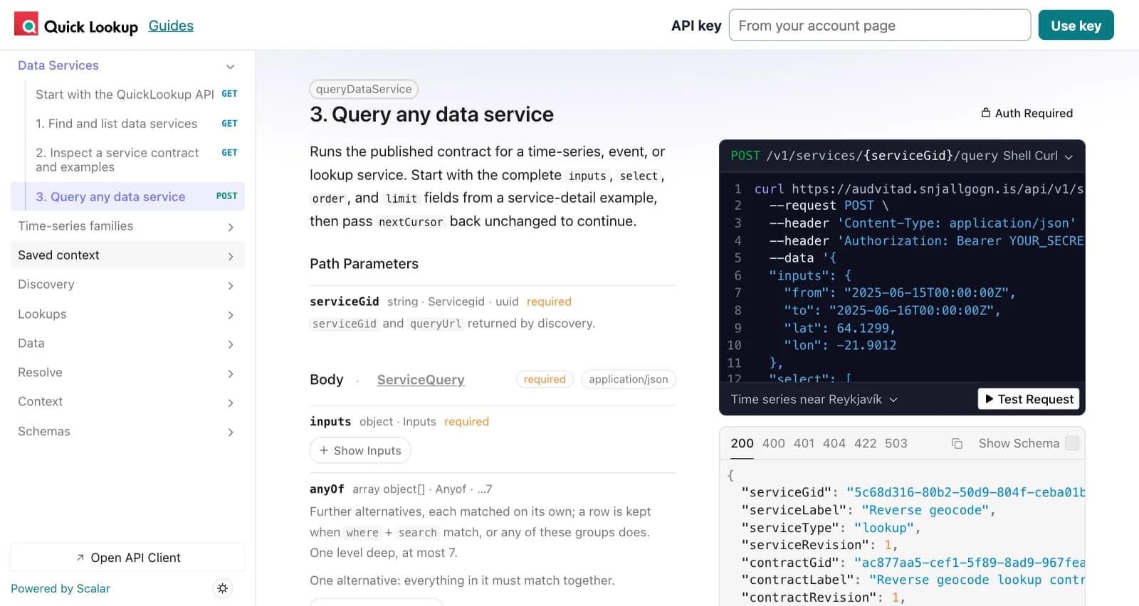 API-tilvísunin: „Query any data service“, með curl-dæmi og svari